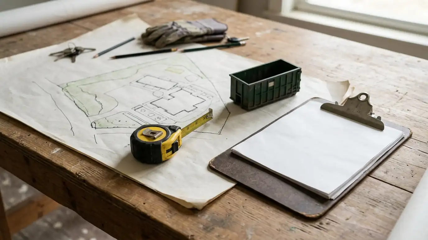 A table covered with a blank site sketch, a tape measure and a tiny dumpster model beside a clipboard in soft light