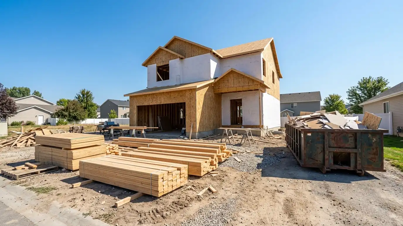 A residential jobsite with stacked lumber and a dark green dumpster half full of scrap wood and drywall under a clear sky