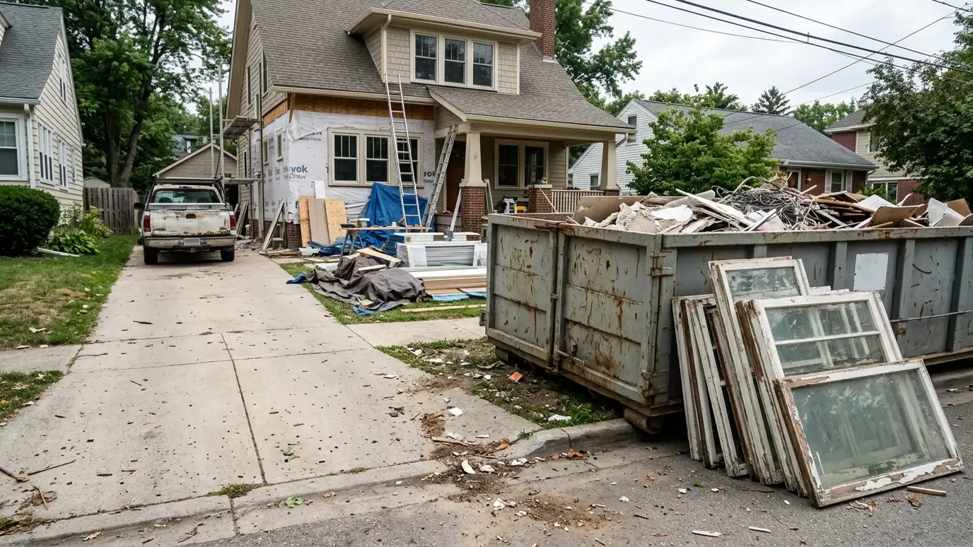 A driveway with a dark green dumpster at the curb of a home under renovation with a stack of old window frames beside it