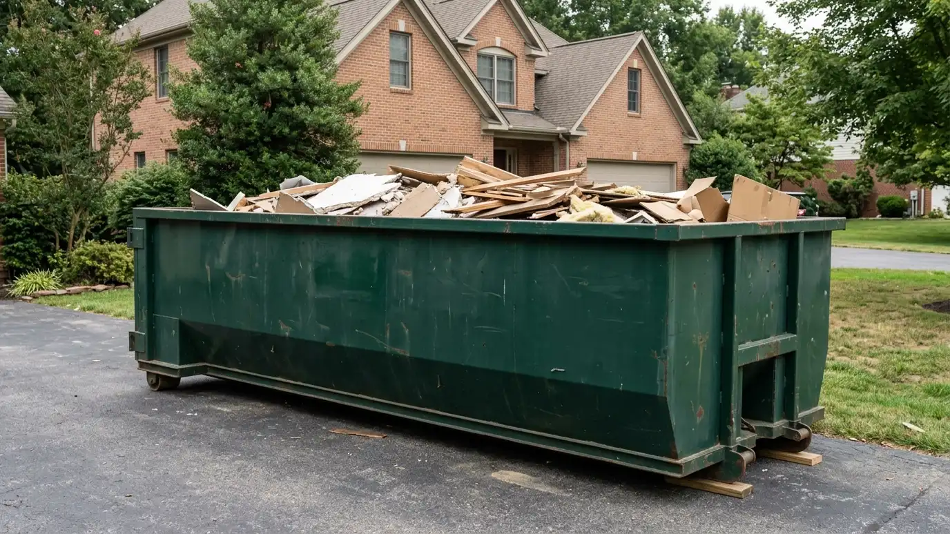 A clean twenty-yard dark green roll-off dumpster in a suburban driveway with a renovation debris pile inside and a brick house behind